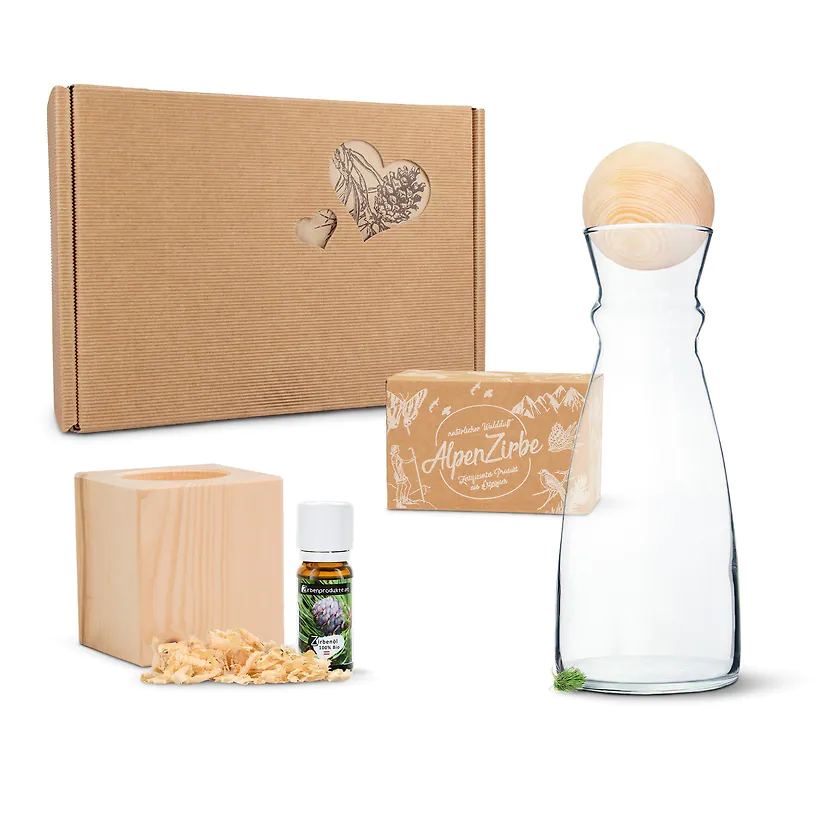 Erlebnisbox, Karaffe, Zirbenkugel, Zirbenw&uuml;rfel
