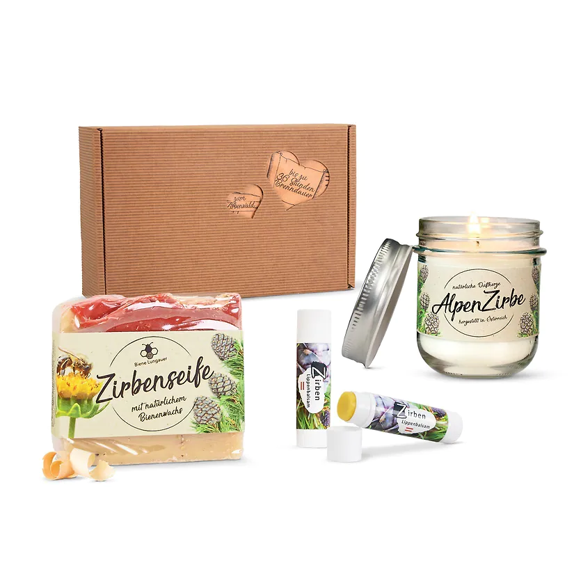 Zirbenseife, Bussi-Stift, Zirbenkerze, Geschenksbox