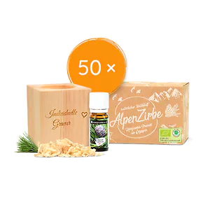 50 Stk. Zirbenw&uuml;rfel Set | ZirbenW&uuml;rfel (7x8cm) mit 10g Zirbensp&auml;ne und indiv...