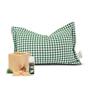 Gr&uuml;nes Zirbenkissen (22x34cm) - 100% Baumwolle + ZirbenW&uuml;rfel Set