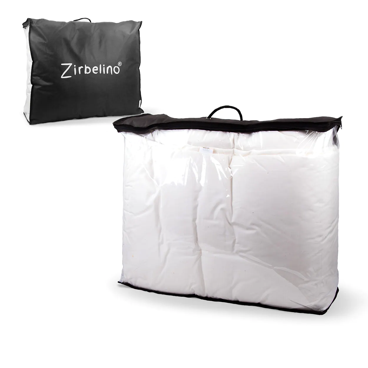 Zirbenbettdecke verpackt in einer Tragetasche.