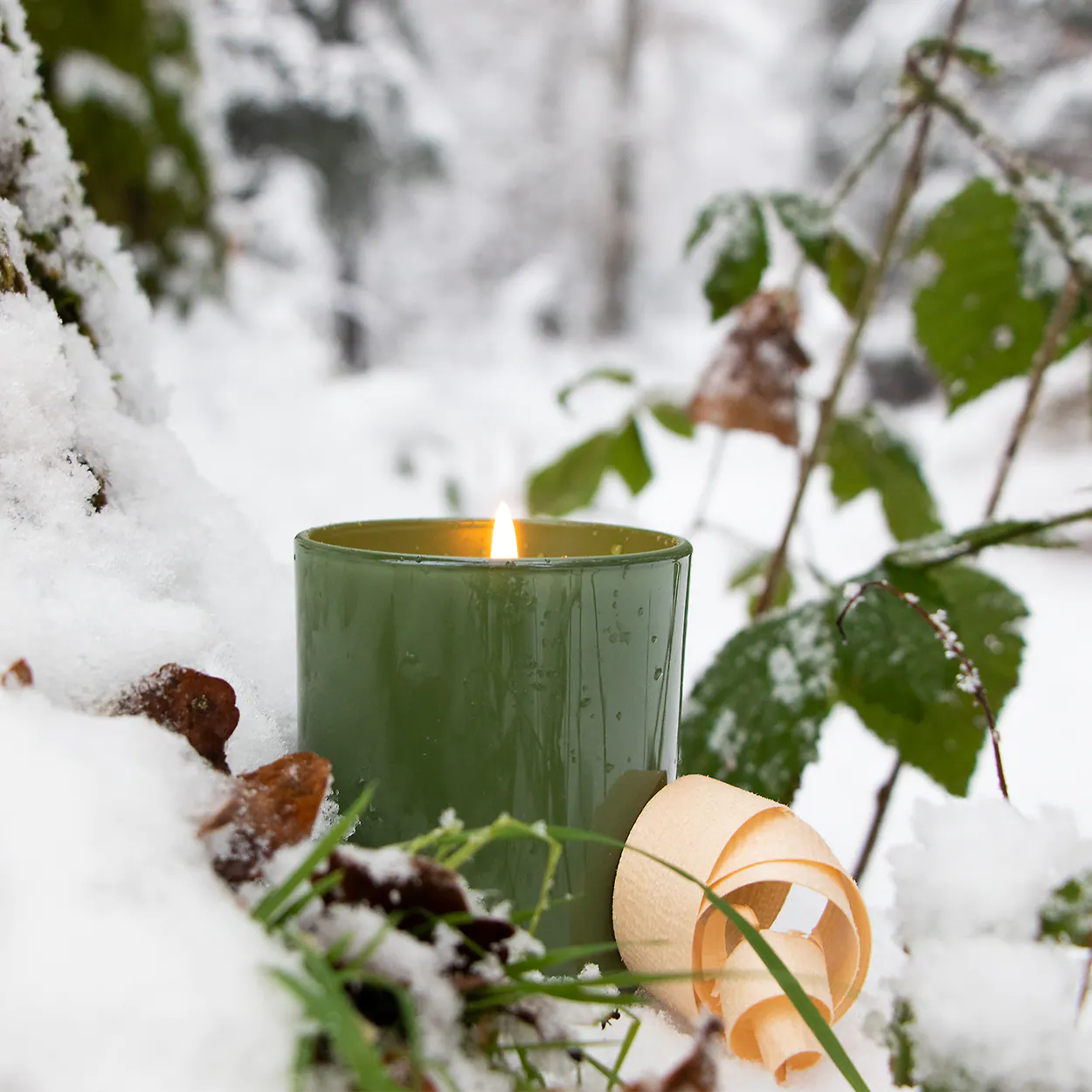 Zirben Duftkerze im Schnee.