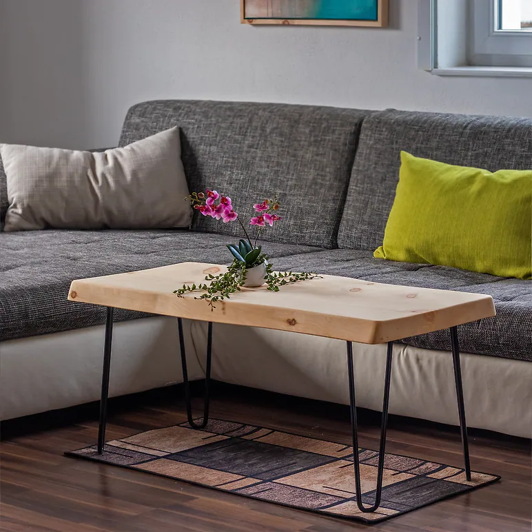 Zirbelino&reg; Couchtisch aus Zirbe mit HAIRPIN LEGS | 2-teilig (Tischplatte + 4x HAIRPIN LEGS) | Ma&szlig;e: lt. Auswahl | 5cm Massivholz-Zirbe, 100% naturbelassen