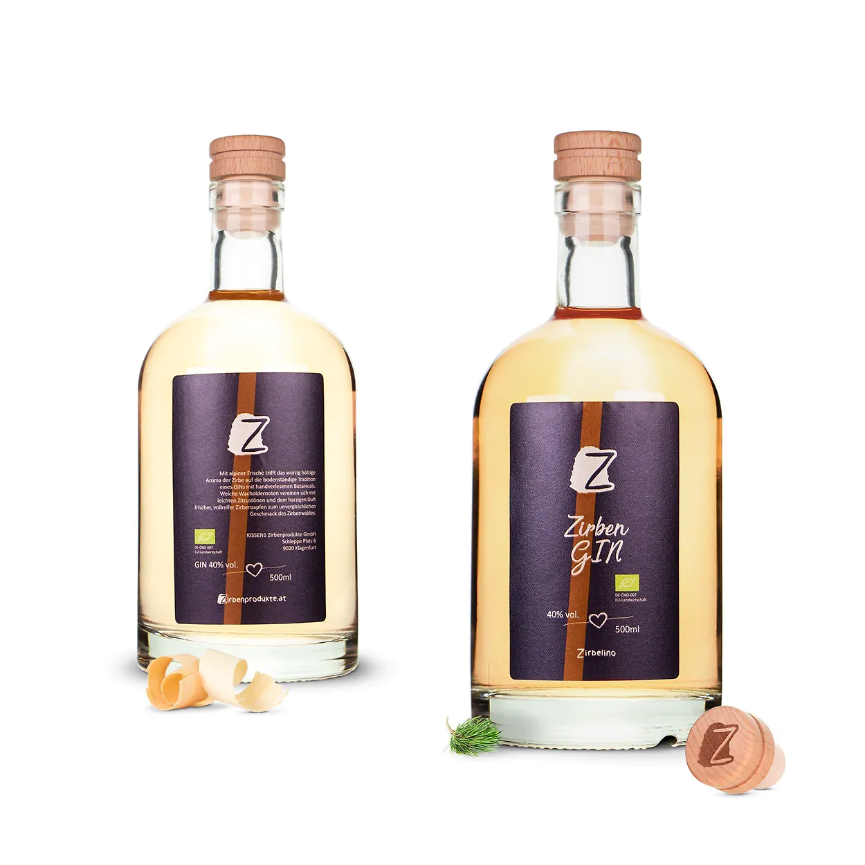 Zwei Flaschen Zirbengin, mit vorder- und Rückseite der Flasche abgebildet.