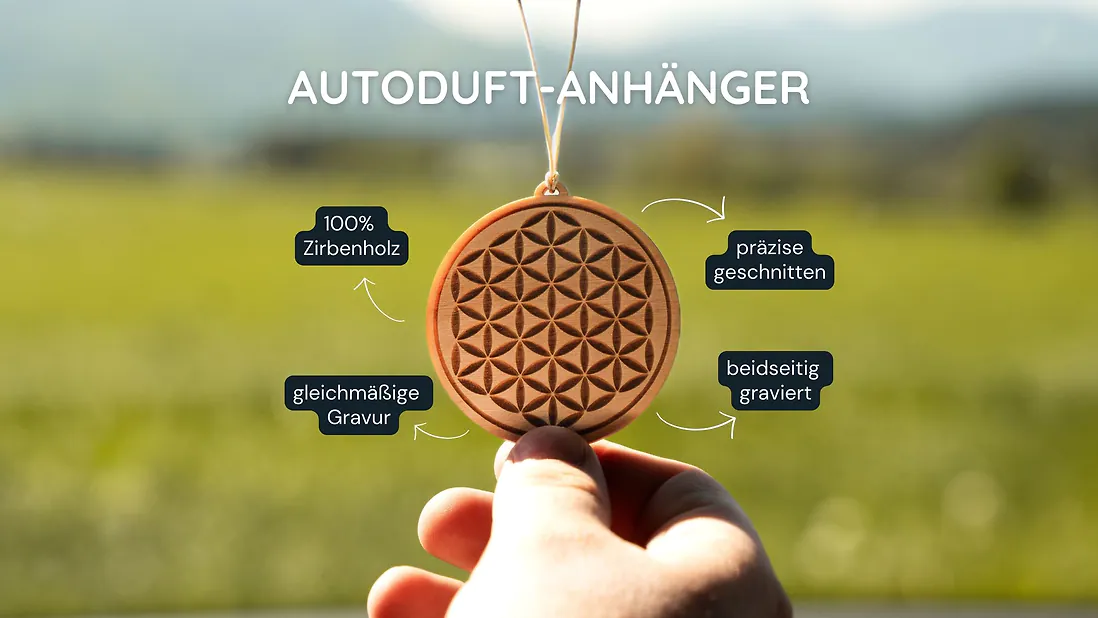 Zirbenholz Autoduft-Anhänger | 6cm | "Blume des Lebens" - zweiseitig graviert