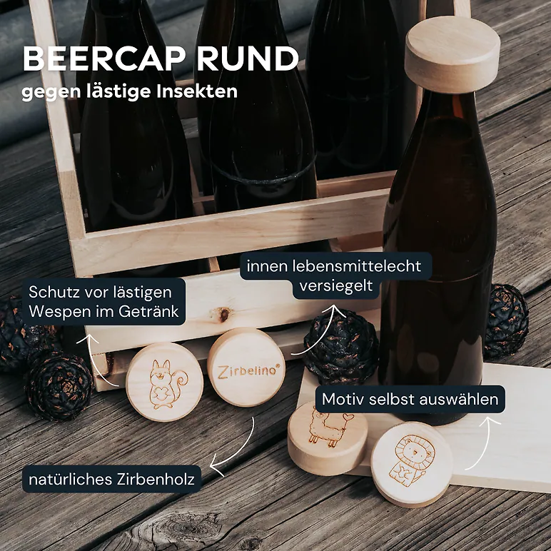 Zirbelino® BeerCap | Rund | ORIGINAL Wespenschutz für Bierflaschen mit CC26 Öffnung (Standard 0,5 L)