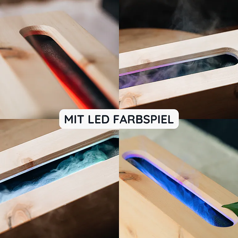 ZirbenDiffuser "AIR-25" Luftbefeuchter Set von Zirbelino&reg;: Nat&uuml;rlich. Erfrischend. | stilvoller Zerst&auml;uber, Vernebler, Verdampfer mit LED-Farbspiel | f&uuml;r &auml;therische &Ouml;le | ca. 25cm x 6,5cm x 7,7cm | 4-teilig