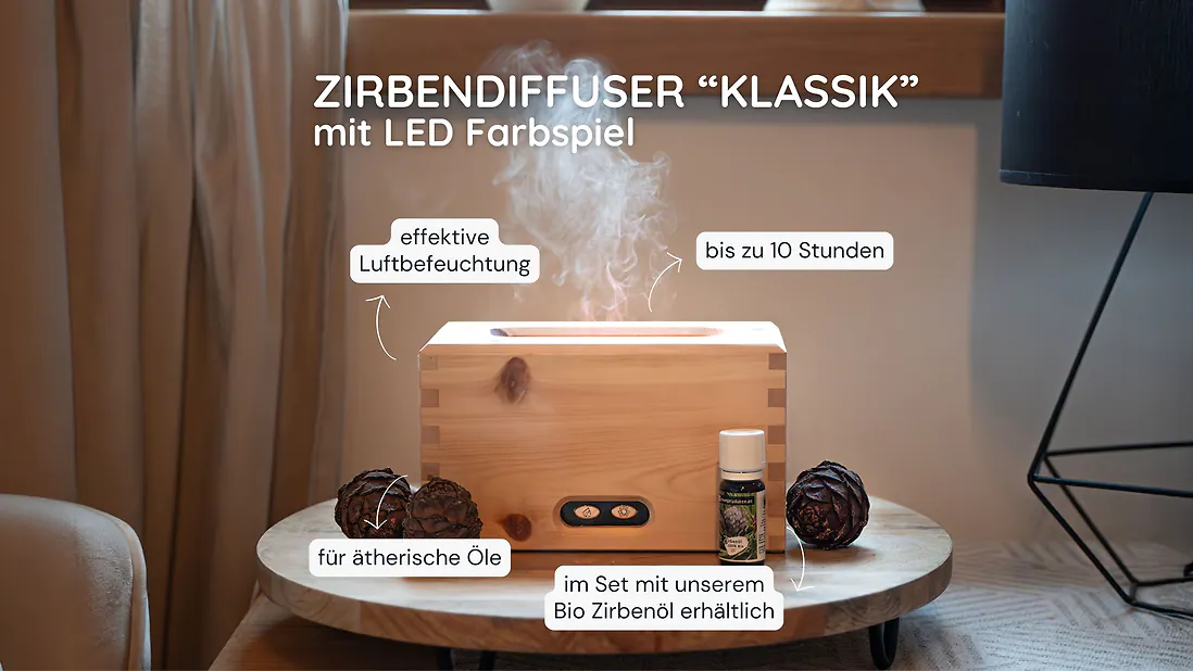 ZirbenDiffuser "KLASSIK" Luftbefeuchter Set inkl. Bio Zirbenöl von Zirbelino®: Natürlich. Erfrischend. | stilvoller Zerstäuber, Vernebler, Verdampfer mit LED-Farbspiel | für ätherische Öle | ca. 19cm x 11cm x 9,5cm | 4-teilig