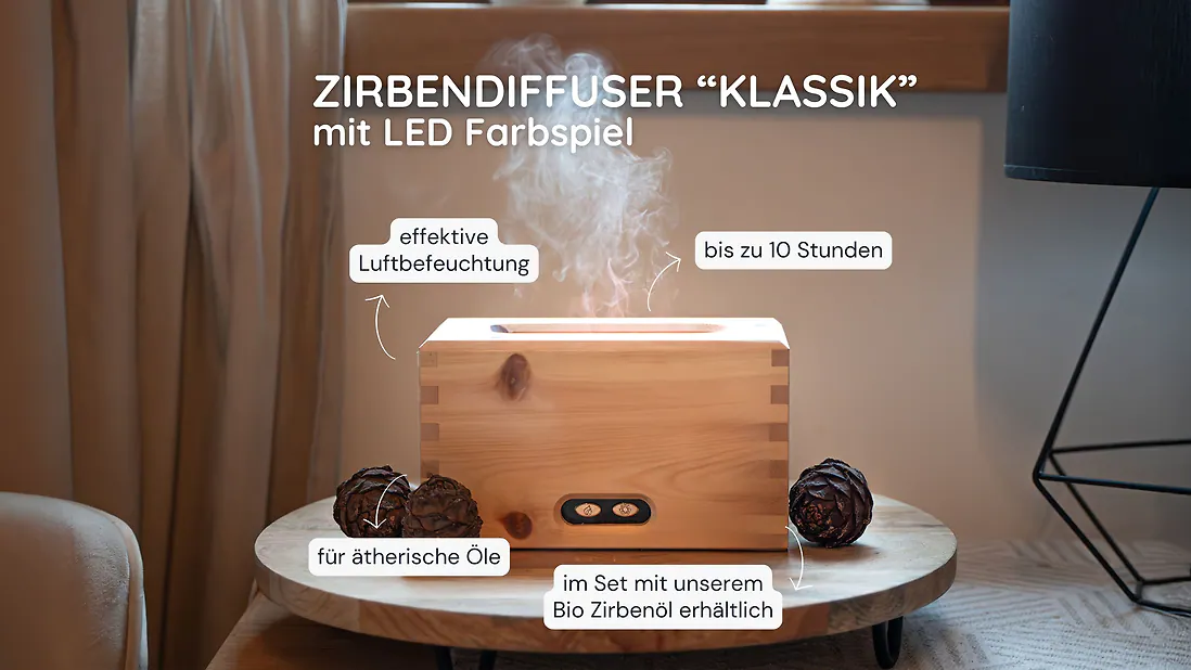 ZirbenDiffuser "KLASSIK" Luftbefeuchter Set von Zirbelino®: Natürlich. Erfrischend. | stilvoller Zerstäuber, Vernebler, Verdampfer mit LED-Farbspiel | für ätherische Öle | ca. 19cm x 11cm x 9,5cm | 3-teilig