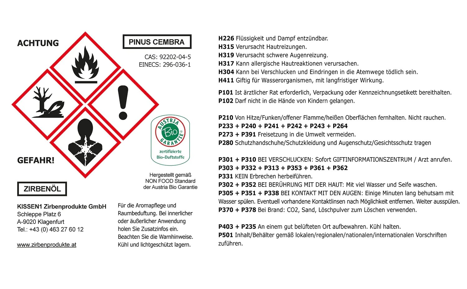 Gesetzliche Warnhinweise für die Verwendung von Zirbenöl.